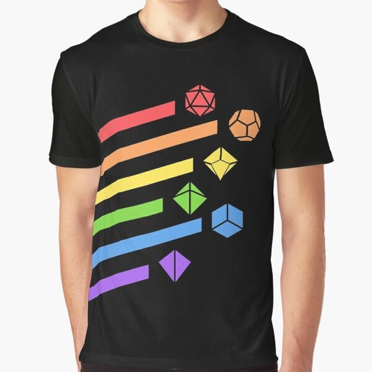 Rainbow dice set graphic t-shirt for tabletop RPG gaming enthusiasts