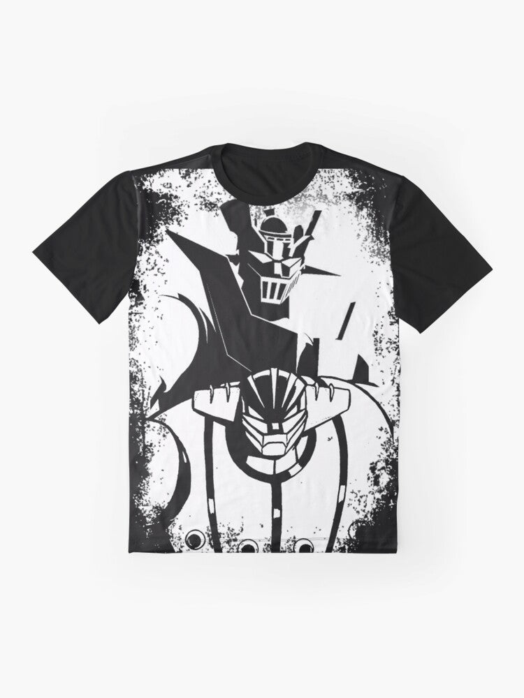 Heroes Never Die graphic t-shirt featuring a robot, anime-style mecha design - Flat lay