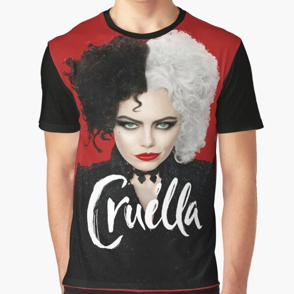 Cruella De Vil graphic t-shirt featuring the iconic character from the Cruella movie prequel