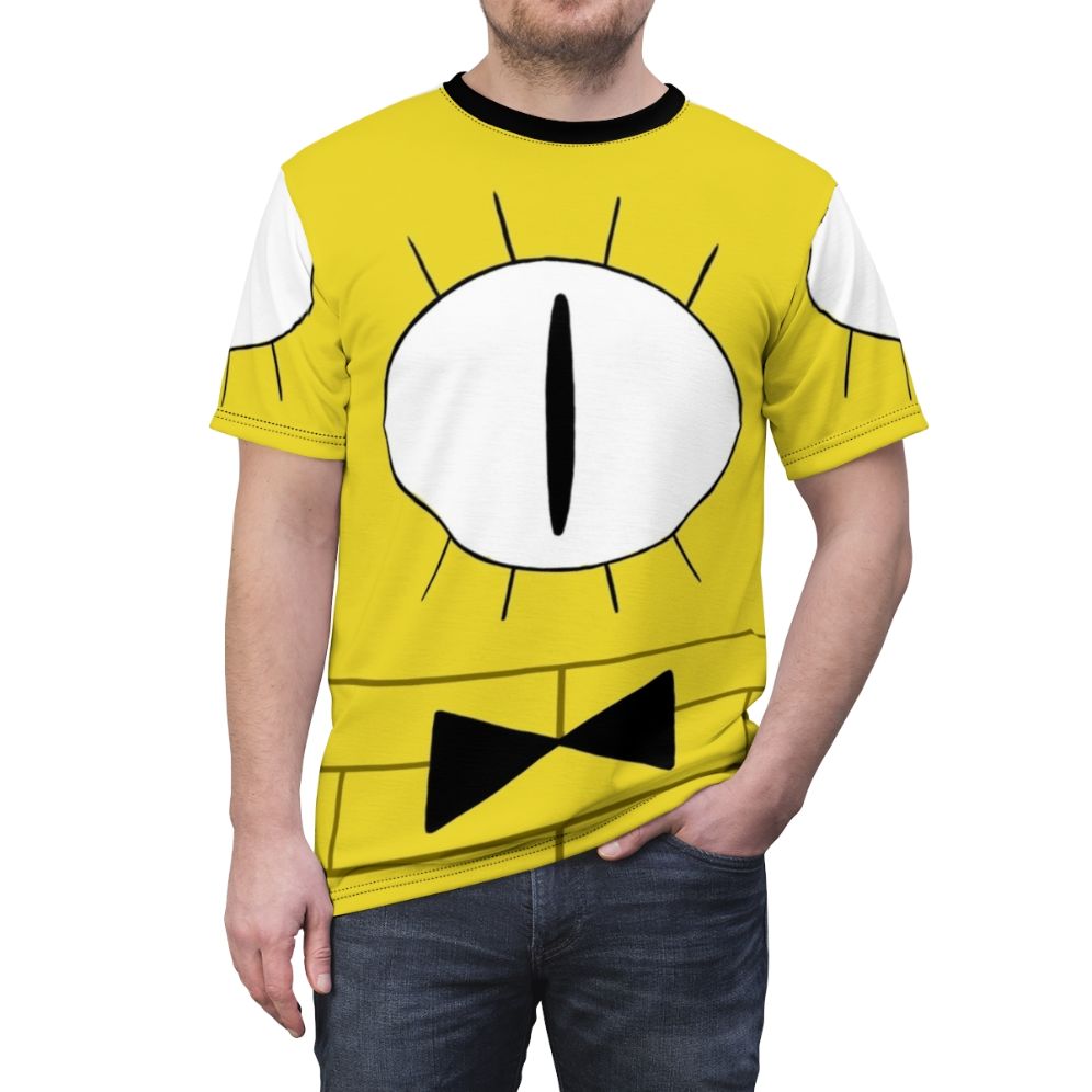 Graphic t-shirt design featuring a mysterious yellow eye, inspired by the character Bill Cipher from the Gravity Falls TV show - men front