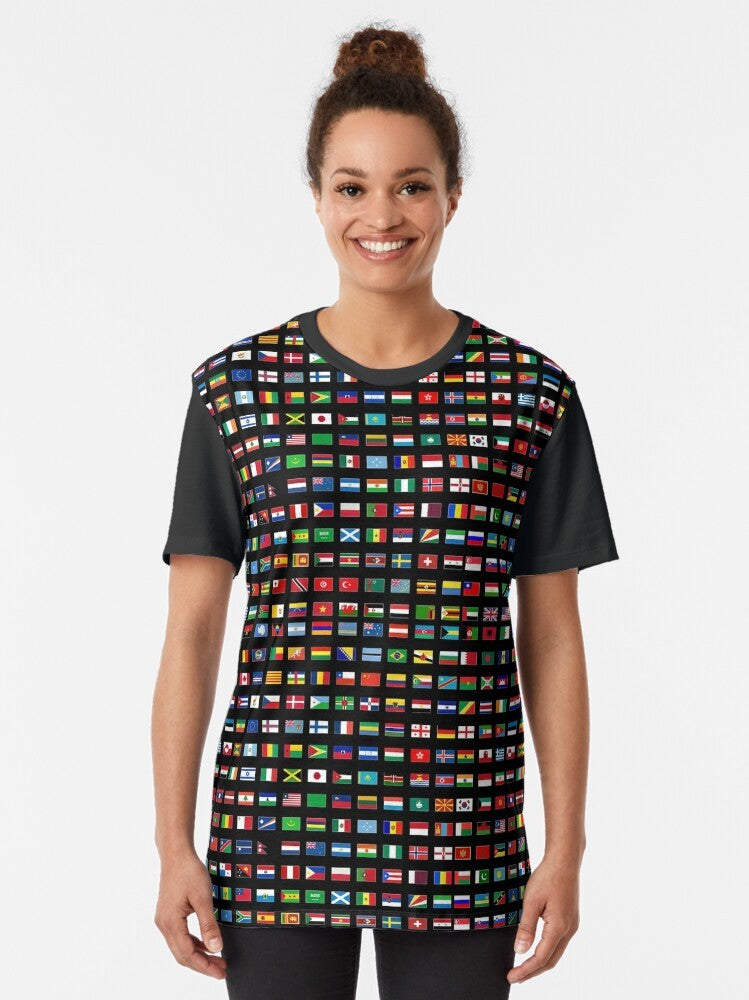 A graphic t-shirt featuring the flags of the world, representing global unity and diversity. - Women