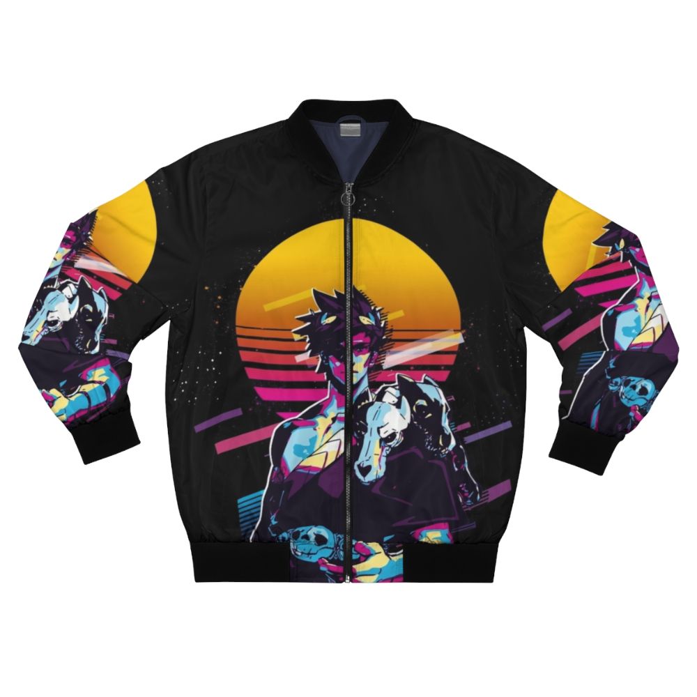 Zagreus Hades 80s Retro Bomber Jacket featuring a vibrant, nostalgic design inspired by the hit game Hades.