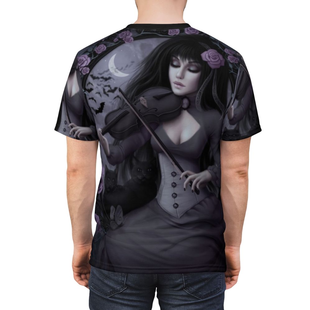 A dark and romantic t-shirt design featuring a violinist, moon, and other gothic fantasy elements. - men back