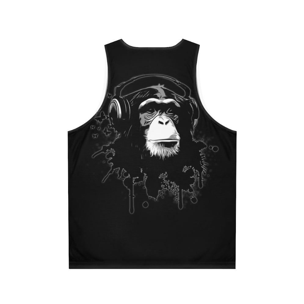 Monkey Business black unisex tank top with urban graffiti and butterfly design - Back