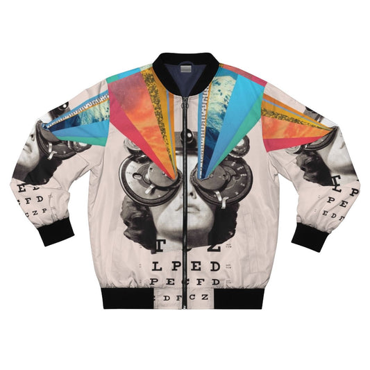 A surreal, abstract bomber jacket featuring a collage of eyes in vintage, retro-inspired textures and colors.