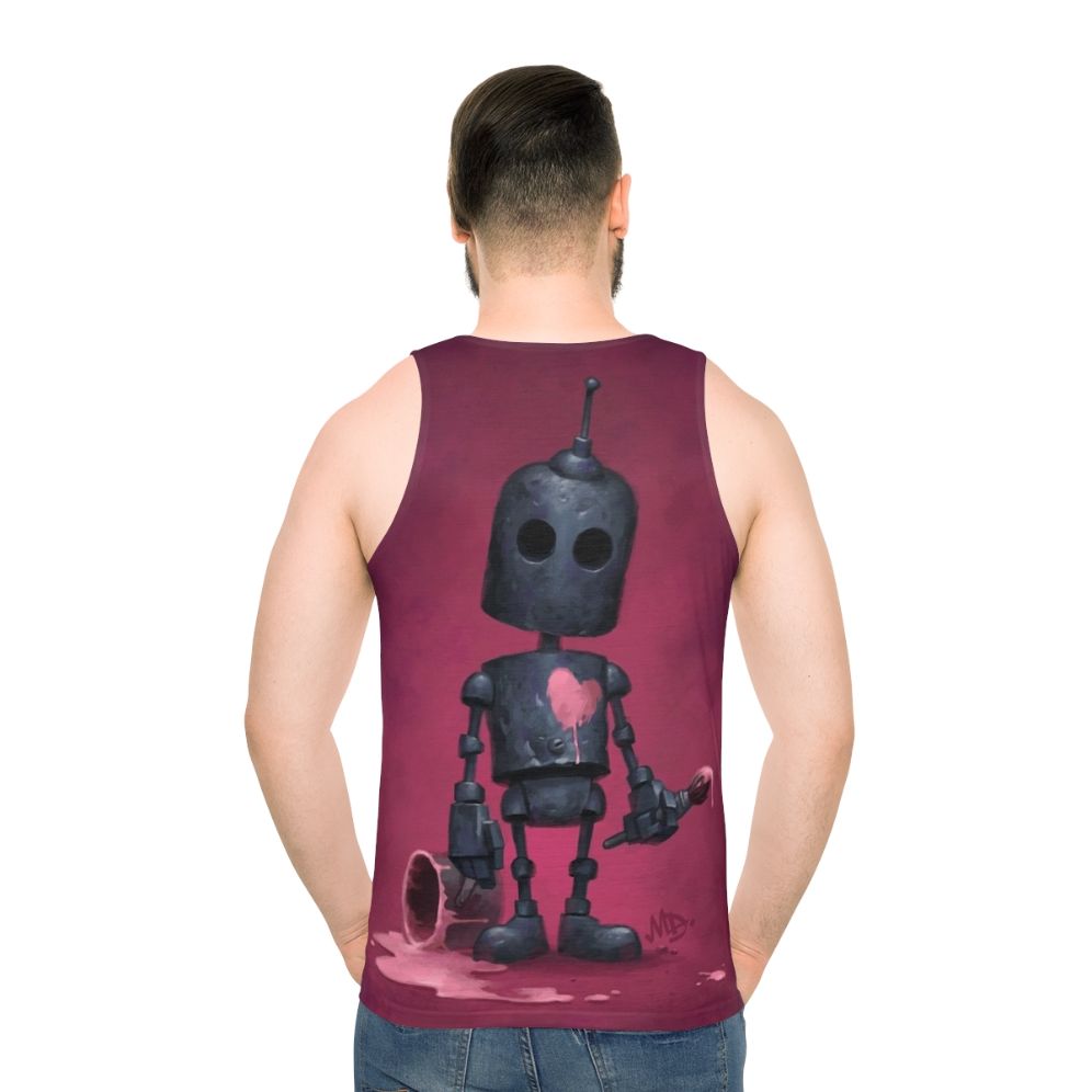 Unisex artist tank top featuring a cute robot with a paintbrush - men back