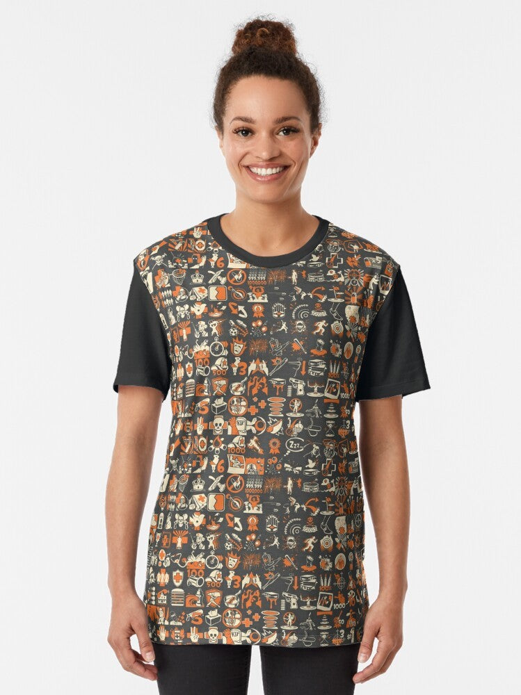 Team Fortress 2 graphic t-shirt featuring a repeating pattern of in-game achievements - Women