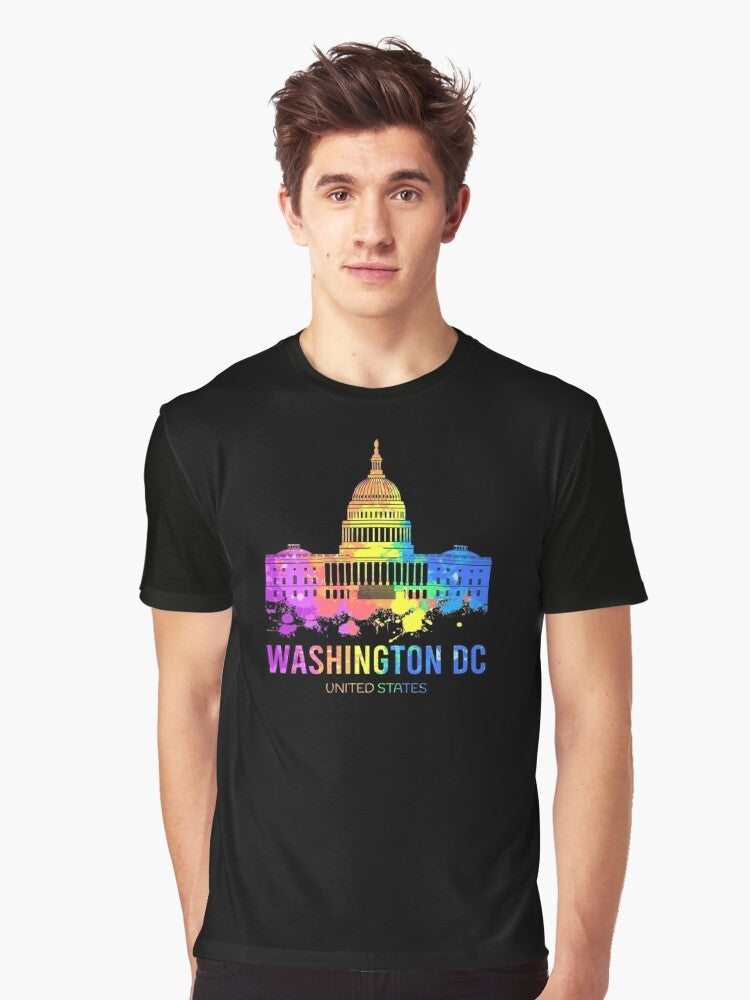 Watercolor painting of the Washington DC skyline, featuring the US Capitol building and other iconic landmarks, on a graphic t-shirt. - Men