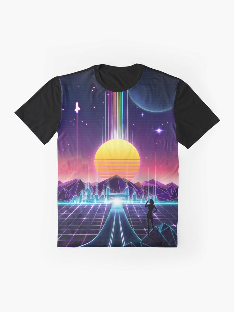 Neon Sunrise Graphic T-Shirt with Retro Vaporwave Design - Flat lay