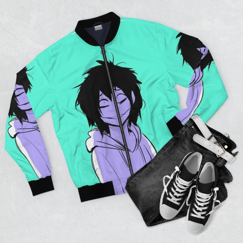 Jeff the Killer inspired bomber jacket with creepy graphic design - Flat lay