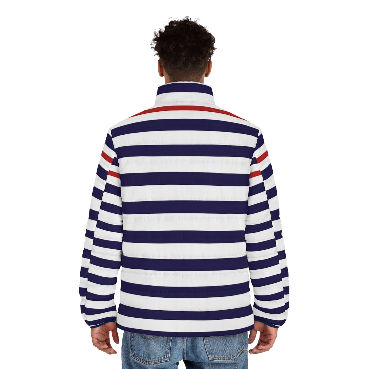 Minimalist Nautical III Blue and White Striped Puffer Jacket - men back