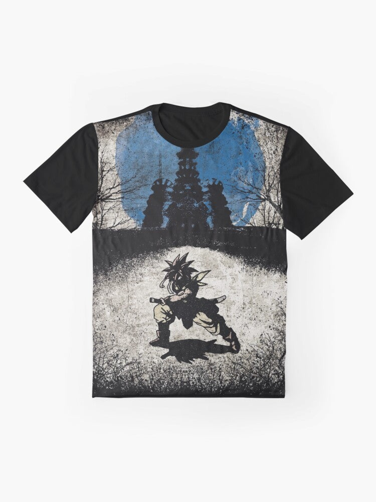 Chrono Trigger minimalist t-shirt design featuring the silent protagonist character from the classic JRPG video game. - Flat lay