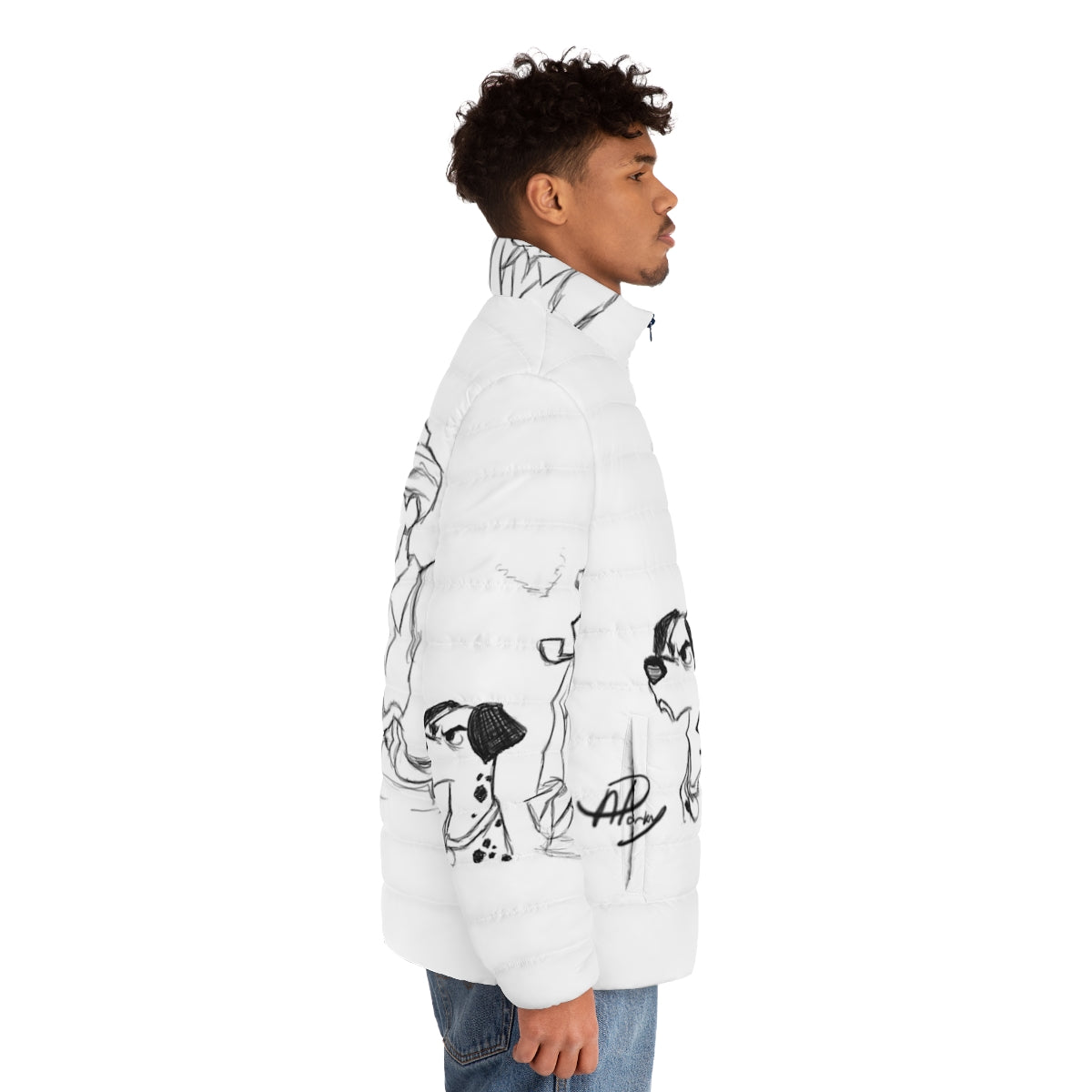 Pongo and Roger 101 Dalmatians inspired puffer jacket with digital sketch art - men side right