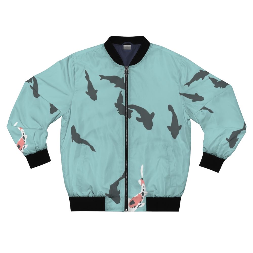 A bomber jacket featuring a minimalist koi fish design inspired by the anime "A Silent Voice"