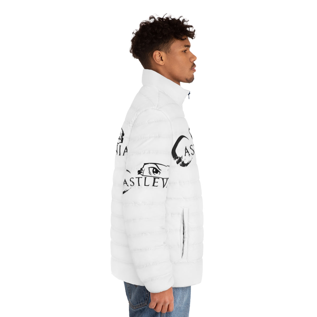 Castlevania inspired puffer jacket with anime and video game graphics - men side right