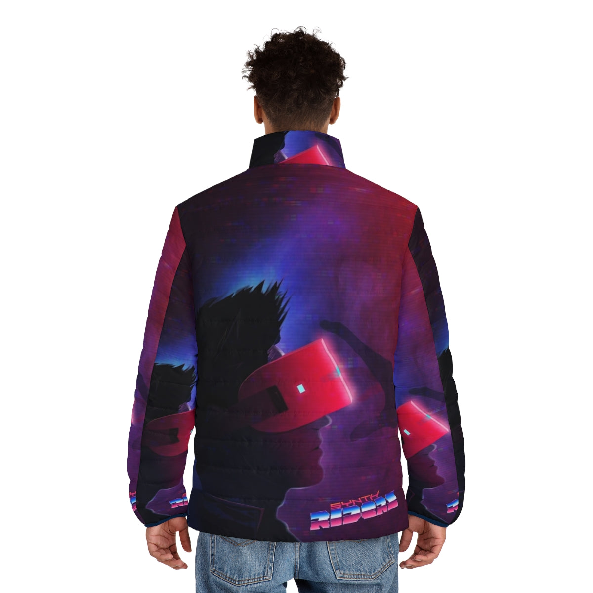 Synth Riders VR puffer jacket featuring a vibrant, futuristic design - men back