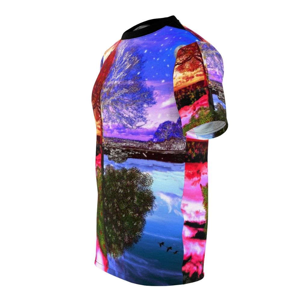 All-over-print t-shirt featuring a beautiful four seasons landscape design with a tree and natural reflection - men left