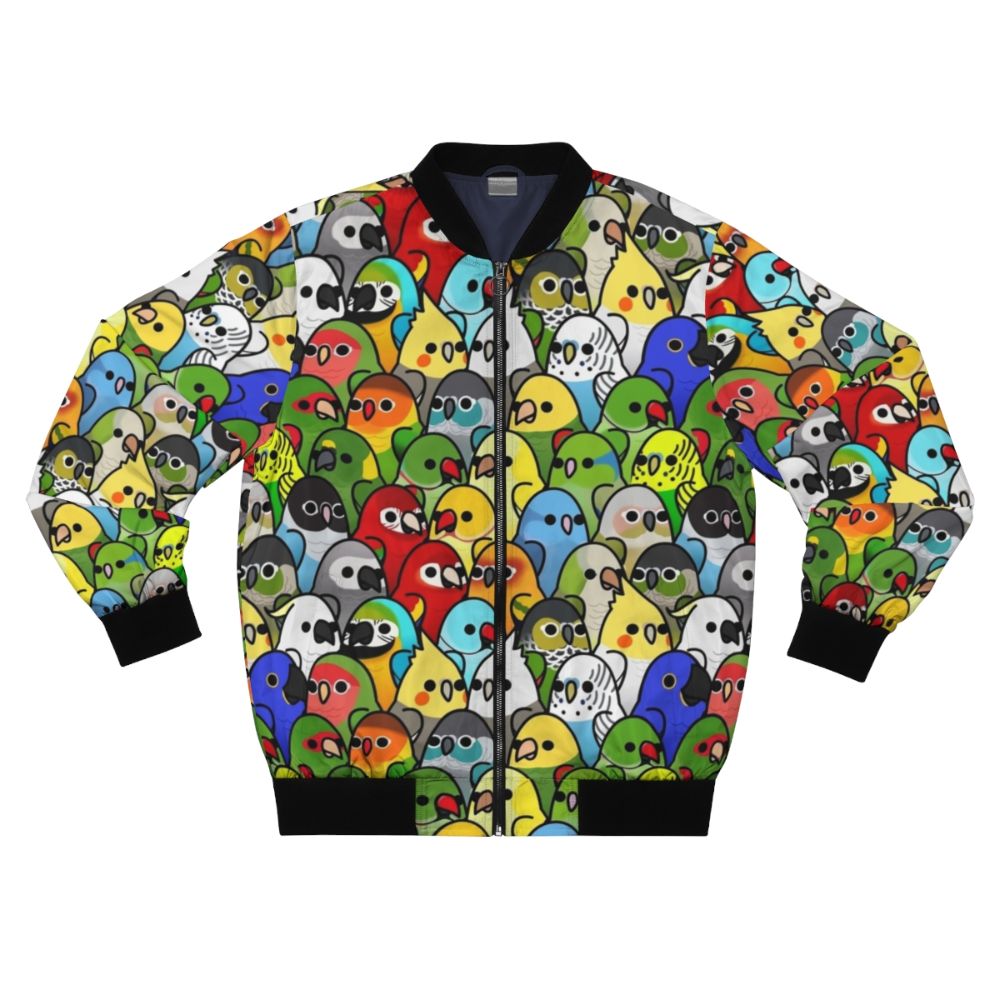 Stylish bird print bomber jacket featuring a flock of colorful birds