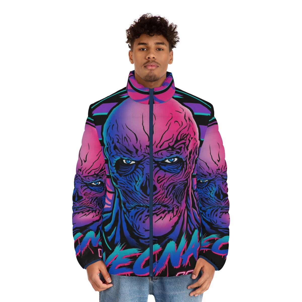 Retro Vecna Puffer Jacket with 80s-inspired design featuring Stranger Things-inspired elements - men front