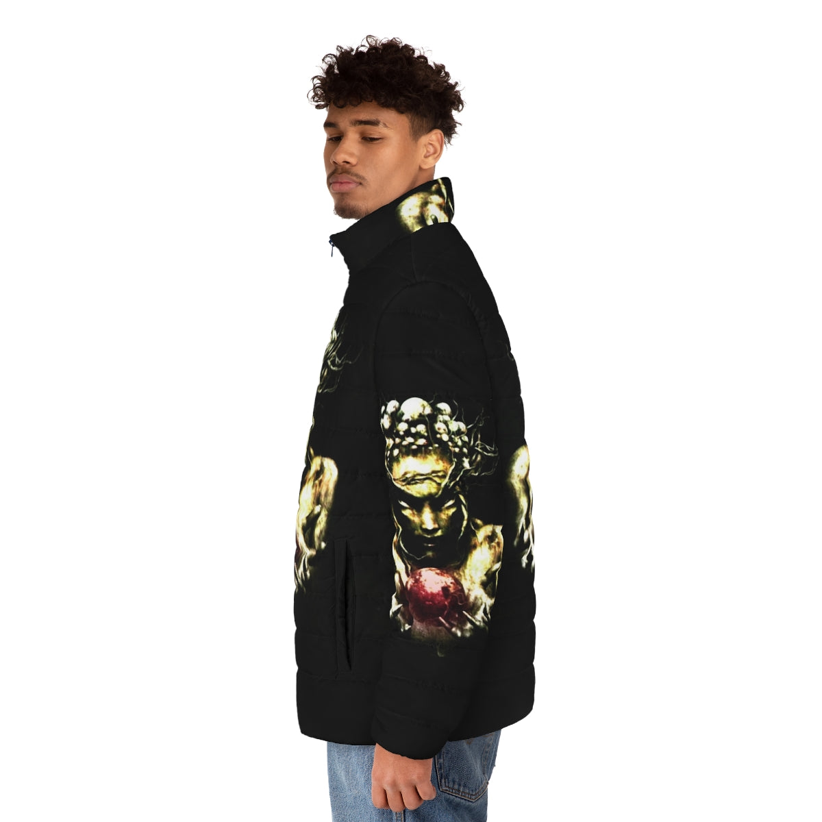 Infected Mushroom inspired puffer jacket with electronic music graphic design - men side left