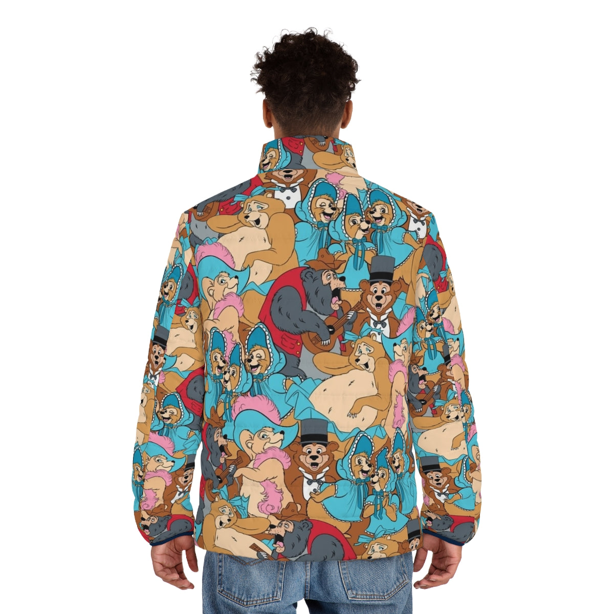 Puffer jacket featuring a charming Country Bear Jamboree pattern with characters like Big Al, Trixie, and Teddi Barra - men back