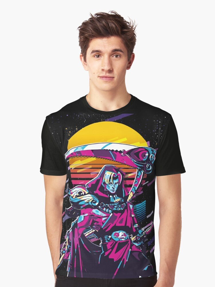 80s retro-style graphic t-shirt featuring Thanatos and Hades from Greek mythology - Men