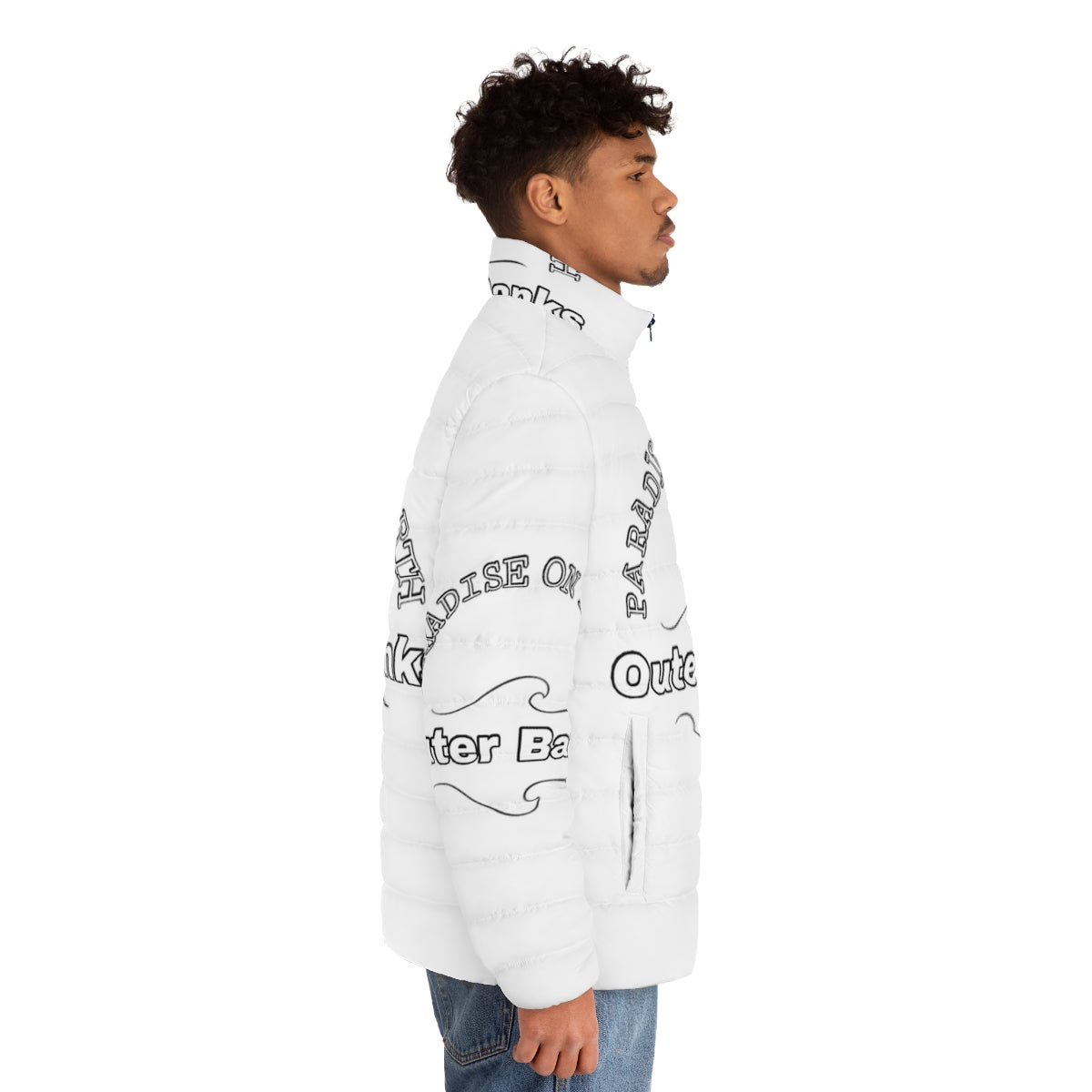 Outer Banks-inspired puffer jacket with beach and lighthouse design - men side right