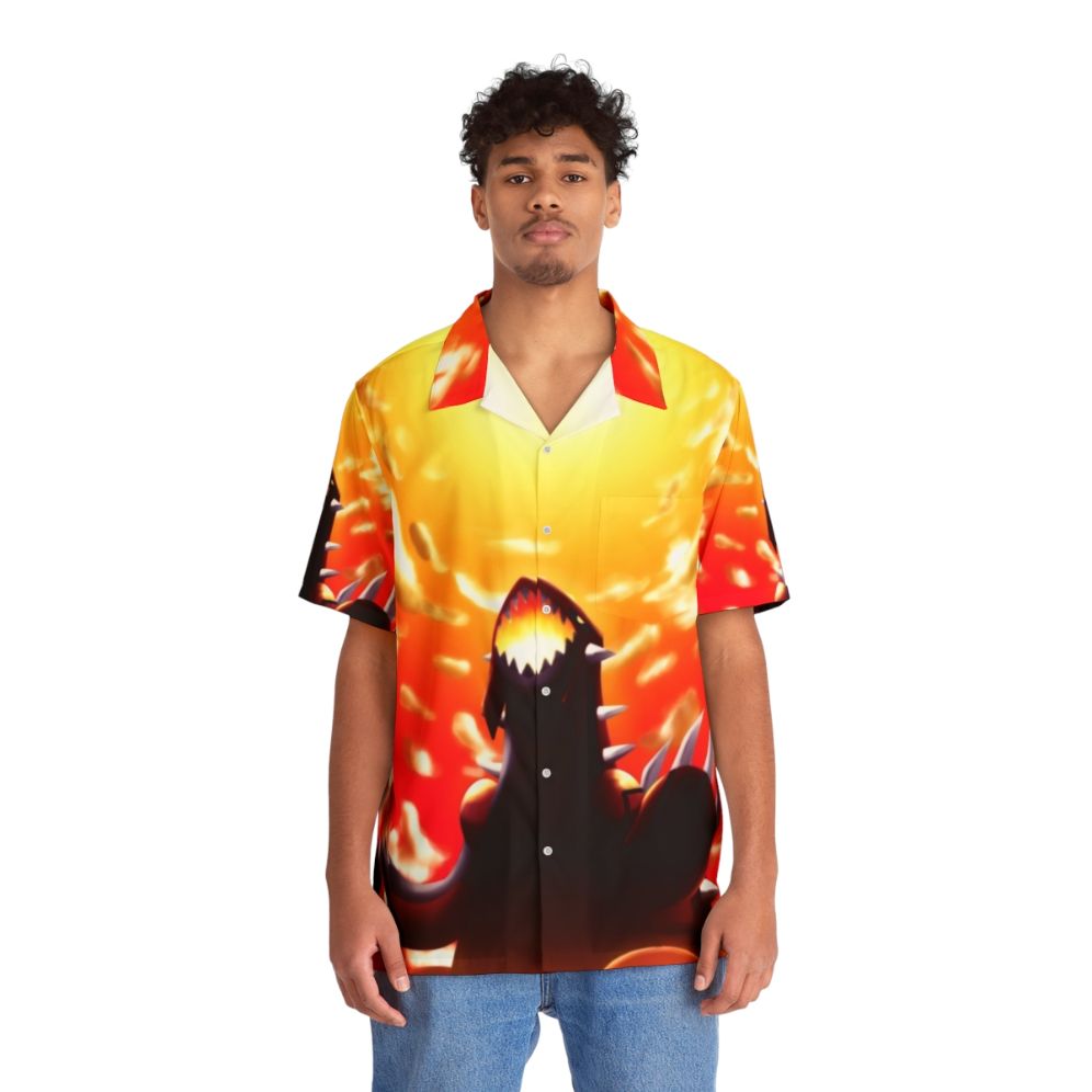 Groudon-inspired Hawaiian shirt with tropical landscape and Pokemon fan art design - People Front