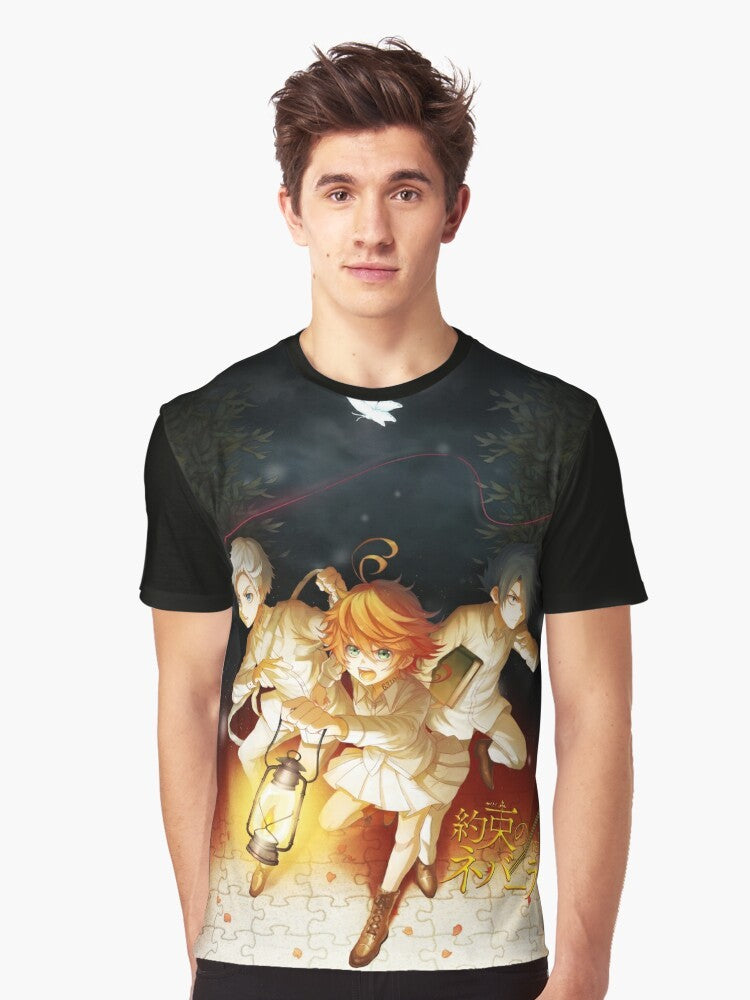 The Promised Neverland [Yakusoku no Nebārando] graphic t-shirt featuring characters Emma, Norman, and Ray - Men