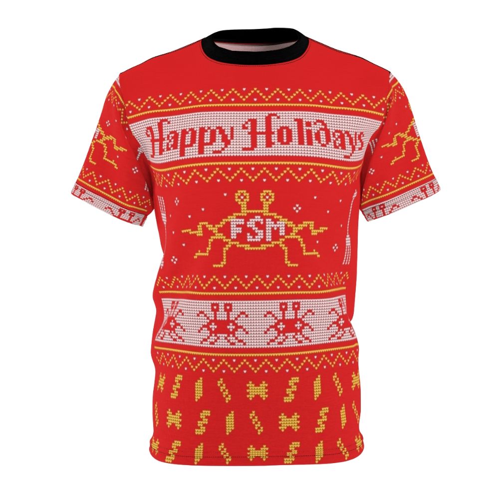 Festive Pastafarian Inspired Ugly Christmas Sweater T-shirt featuring the Flying Spaghetti Monster