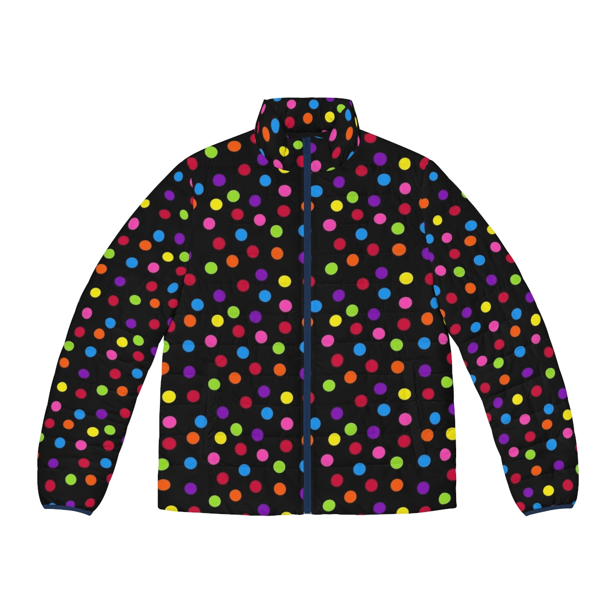 A colorful and unique rainbow puffer jacket with a confetti polka dot pattern