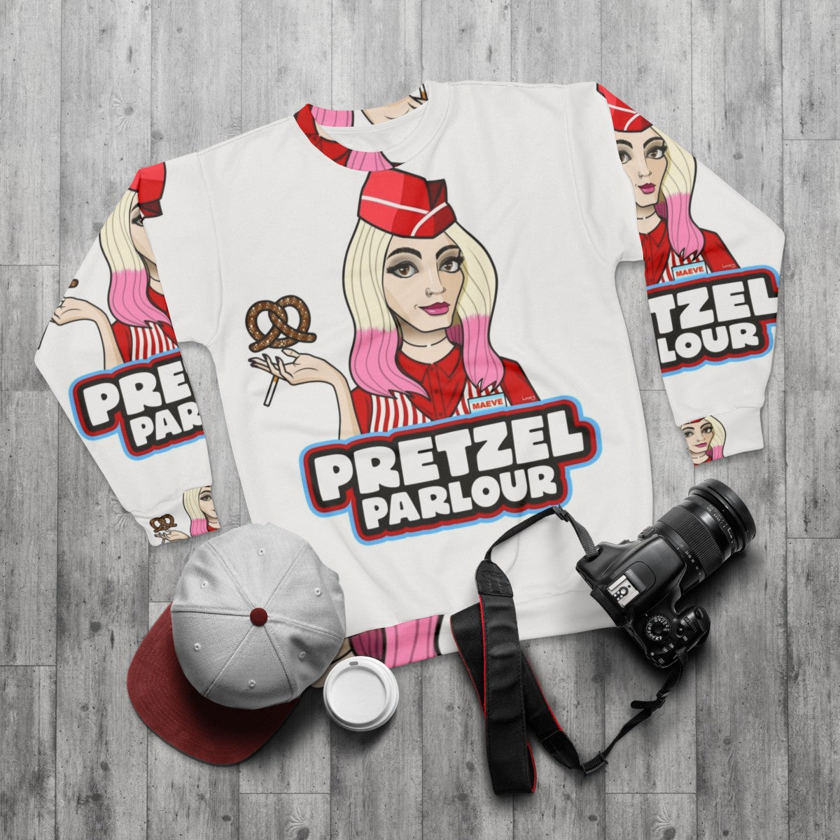 Maeve Wiley Pretzel Parlour Sweatshirt - Netflix's Sex Education - flat lay