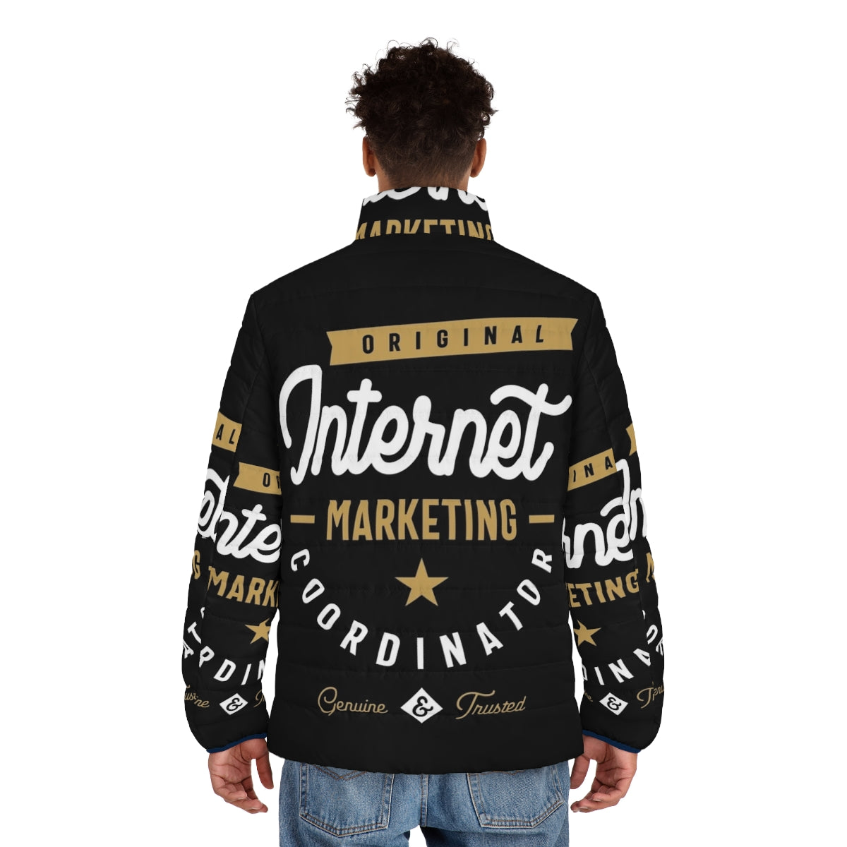 Internet marketing coordinator wearing a puffer jacket for work - men back