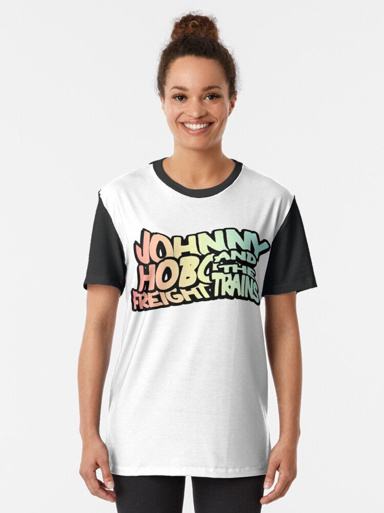 Johnny Hobo and the Freight Trains Graphic T-Shirt featuring a folk punk design with a Hobo, trains, and anarchist symbols - Women