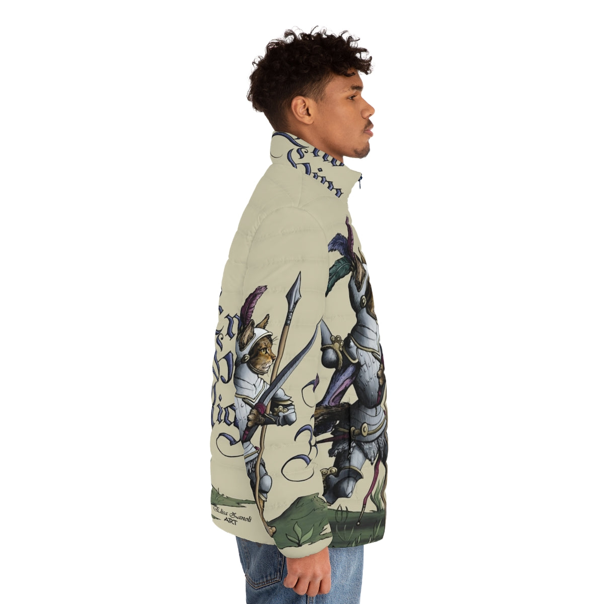 Hemanimals medieval-inspired puffer jacket with cats and historical fencing imagery - men side right