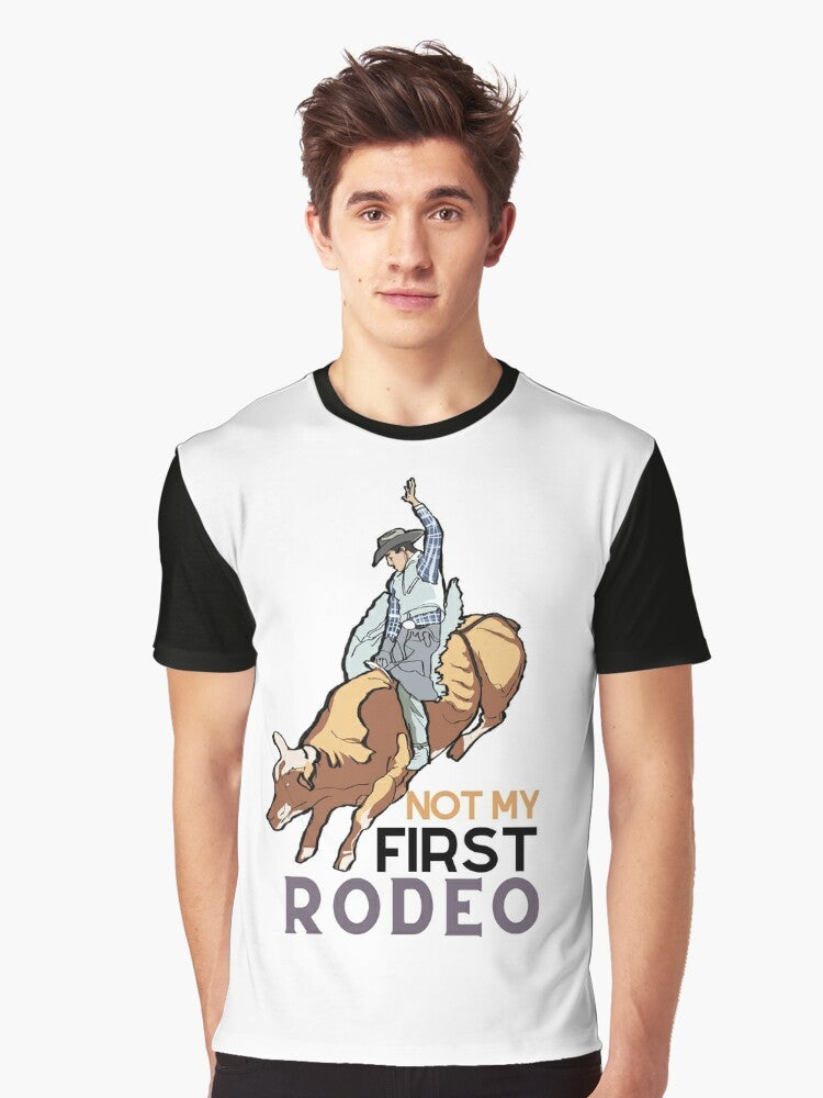 "Not My First Rodeo" graphic t-shirt with a vintage-style horse and cowboy design - Men