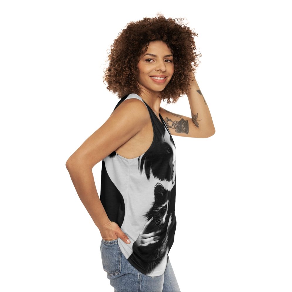 Realistic black and white raccoon portrait pencil art unisex tank top - women side