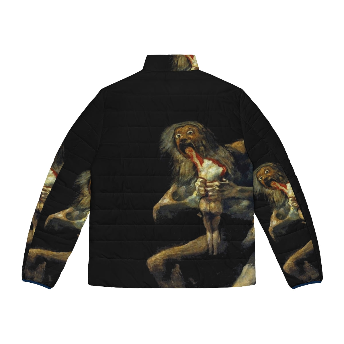 A puffer jacket featuring the chilling painting "Saturn Devouring His Son" by Spanish artist Francisco Goya. - Back