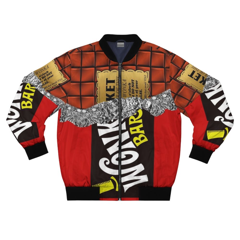 Vintage-style bomber jacket with a chocolate and golden ticket design, inspired by the Willy Wonka chocolate factory.