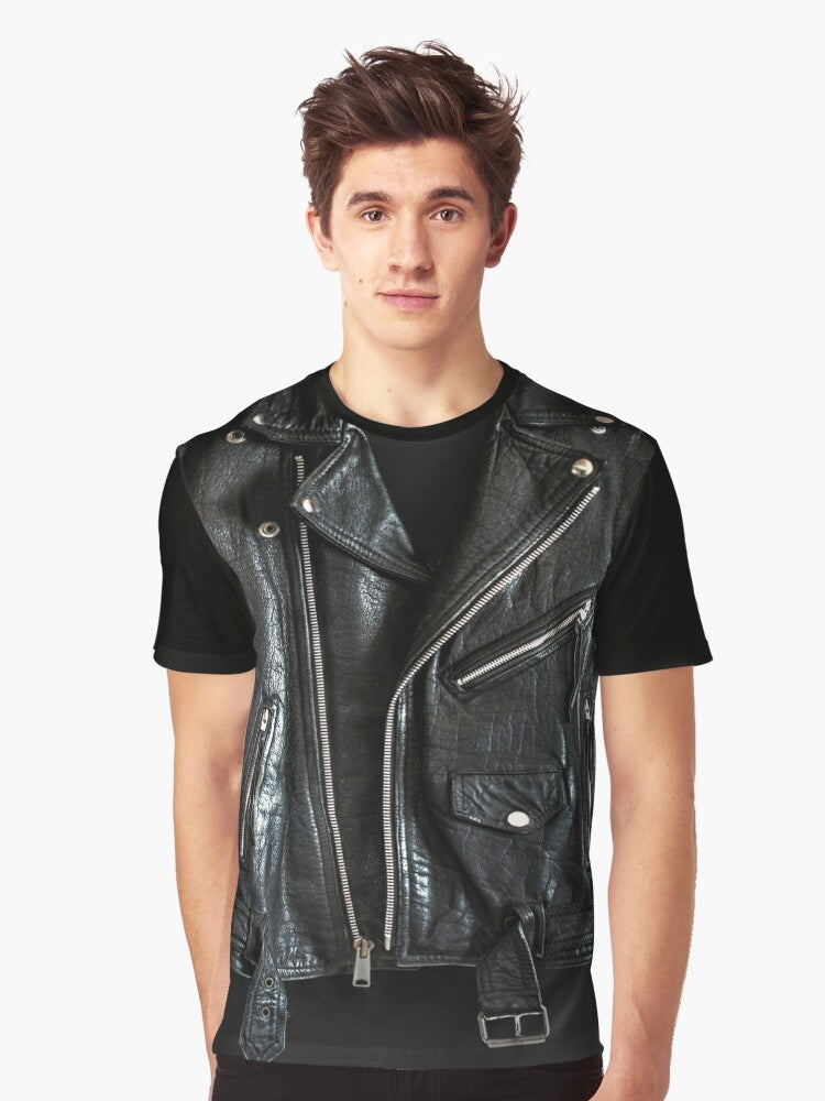 Black leather jacket graphic t-shirt with biker and motorcycle design - Men