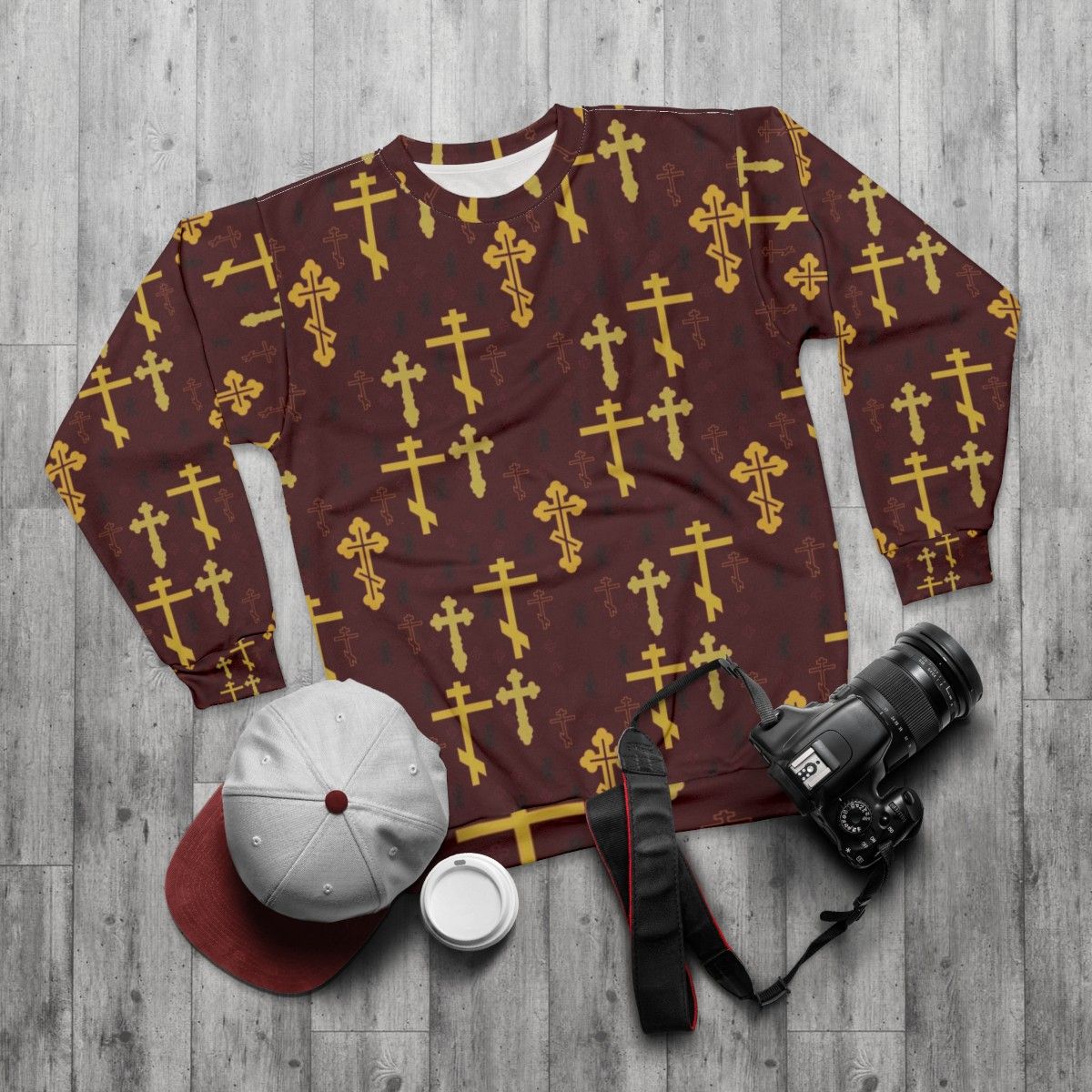 Cross pattern sweatshirt with mosaic design - flat lay