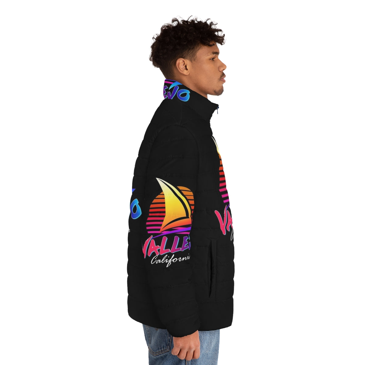 Vallejo California Retro Puffer Jacket with Sunset and Sailboat Design - men side right