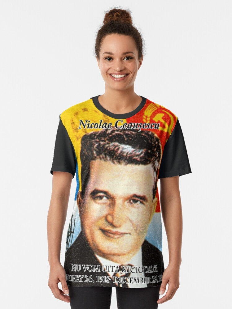 T-shirt with a graphic design featuring Nicolae Ceaușescu, the former communist leader of Romania. - Women