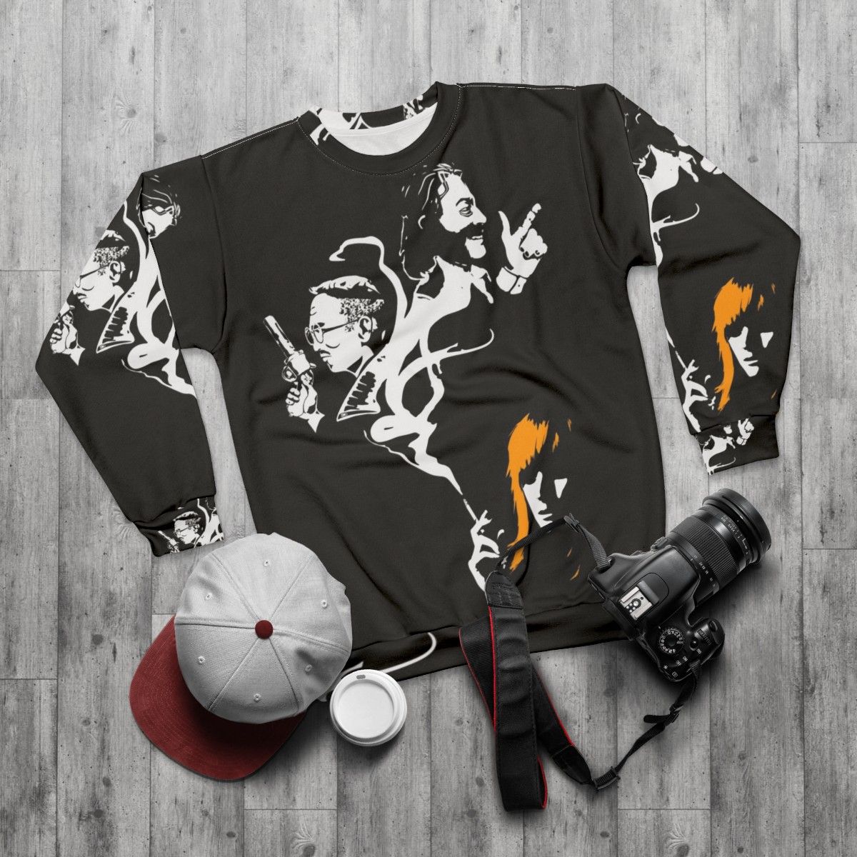 Disco Elysium Noir Sweatshirt with Psychedelic Gaming Fanart - flat lay