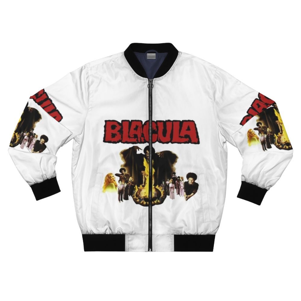 Black and red horror-themed bomber jacket with Blacula-inspired graphic design