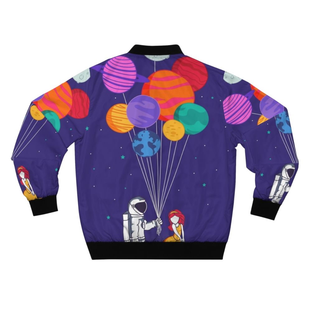 A colorful, space-themed bomber jacket with a romantic, cute design featuring planets, stars, and a couple in love. - Back