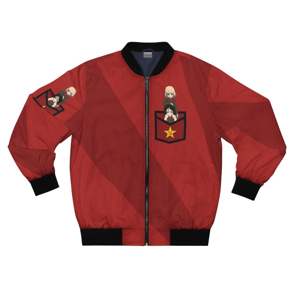 Girls Und Panzer Katyusha & Nonna Bomber Jacket, featuring anime characters Katyusha and Nonna in a military-inspired design.