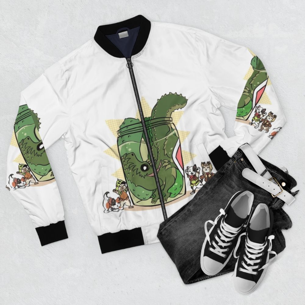 Pickle Monster Bomber Jacket, a playful and stylish video game-inspired outerwear piece - Flat lay