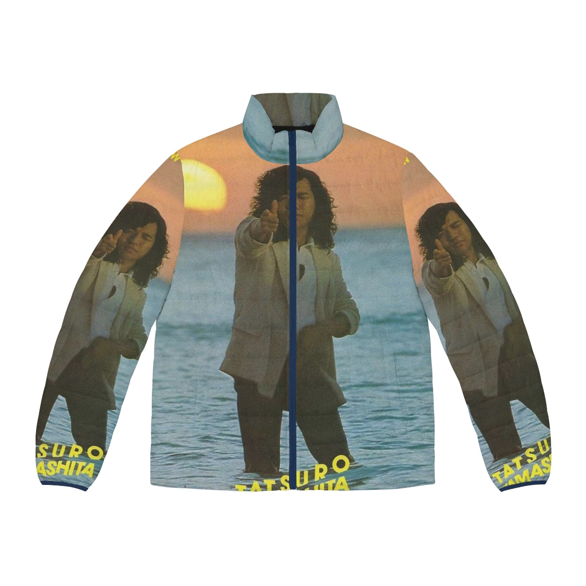 Retro puffer jacket featuring the album cover art for Tatsuro Yamashita's "Ride On Time"