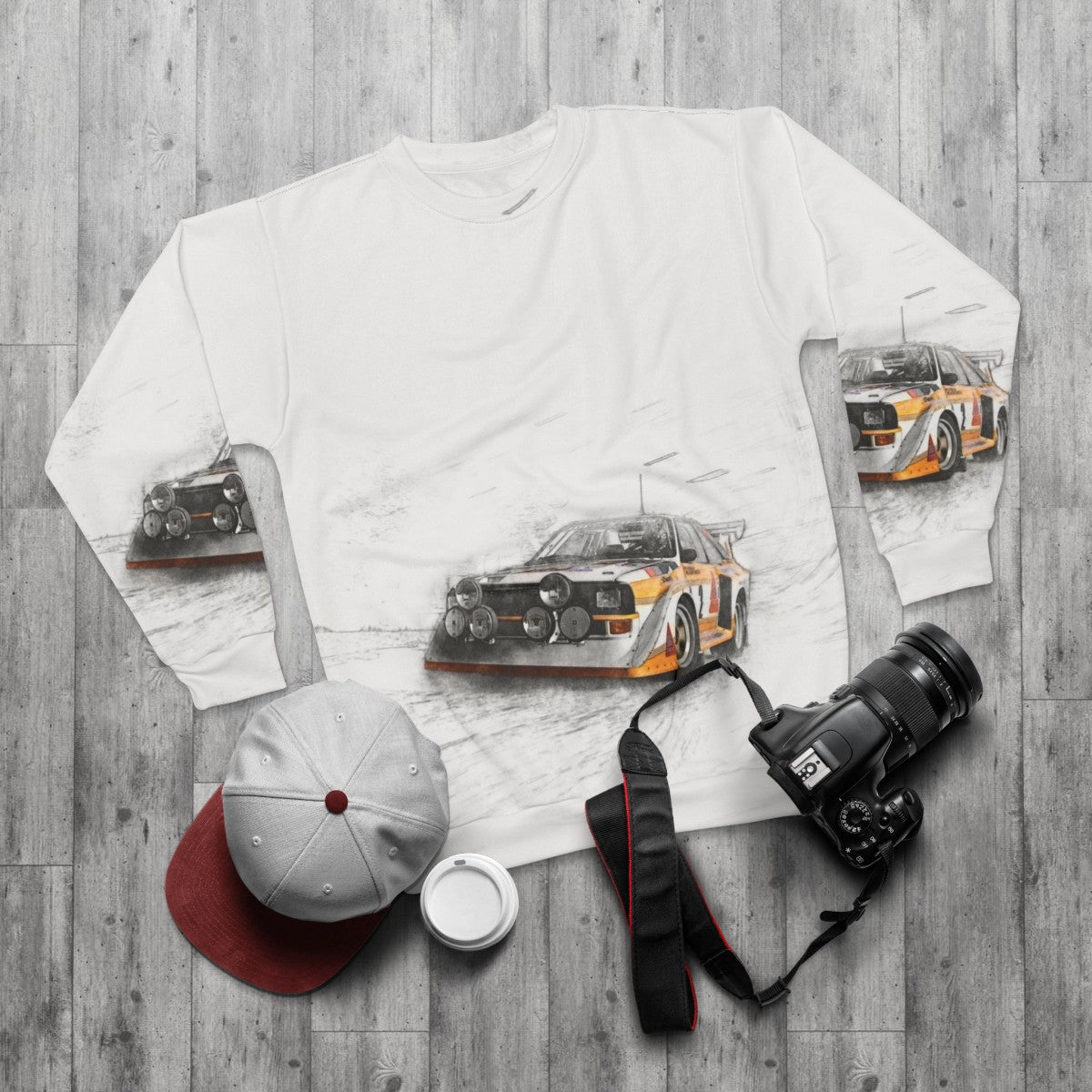 Rally car illustration sweatshirt for motorsport enthusiasts - flat lay